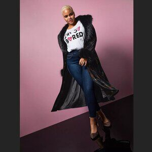 Torrid Betsey Johnson Black Velvet Floral Faux Fur Trim Longline Coat Size 4/4X